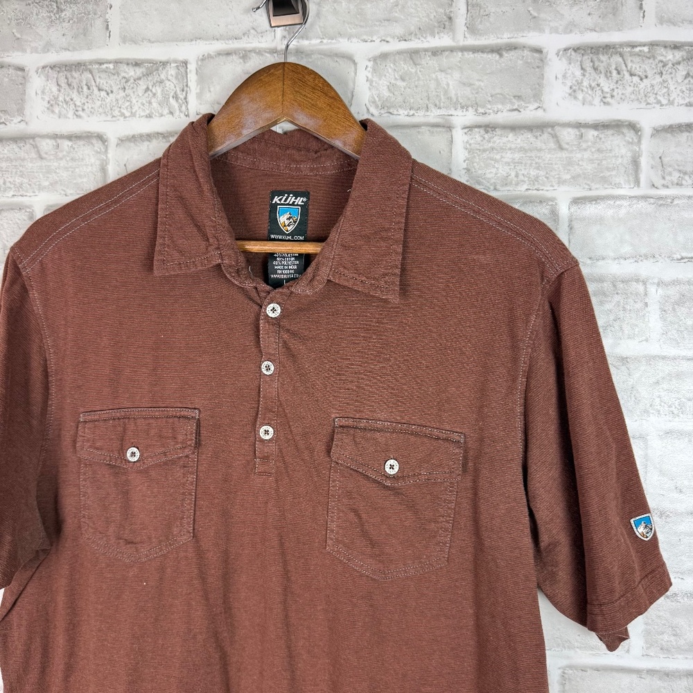 KUHL Soft Touch Solid Brown Double Pocket Casual Hiking Polo Mens LARGE Stretch
